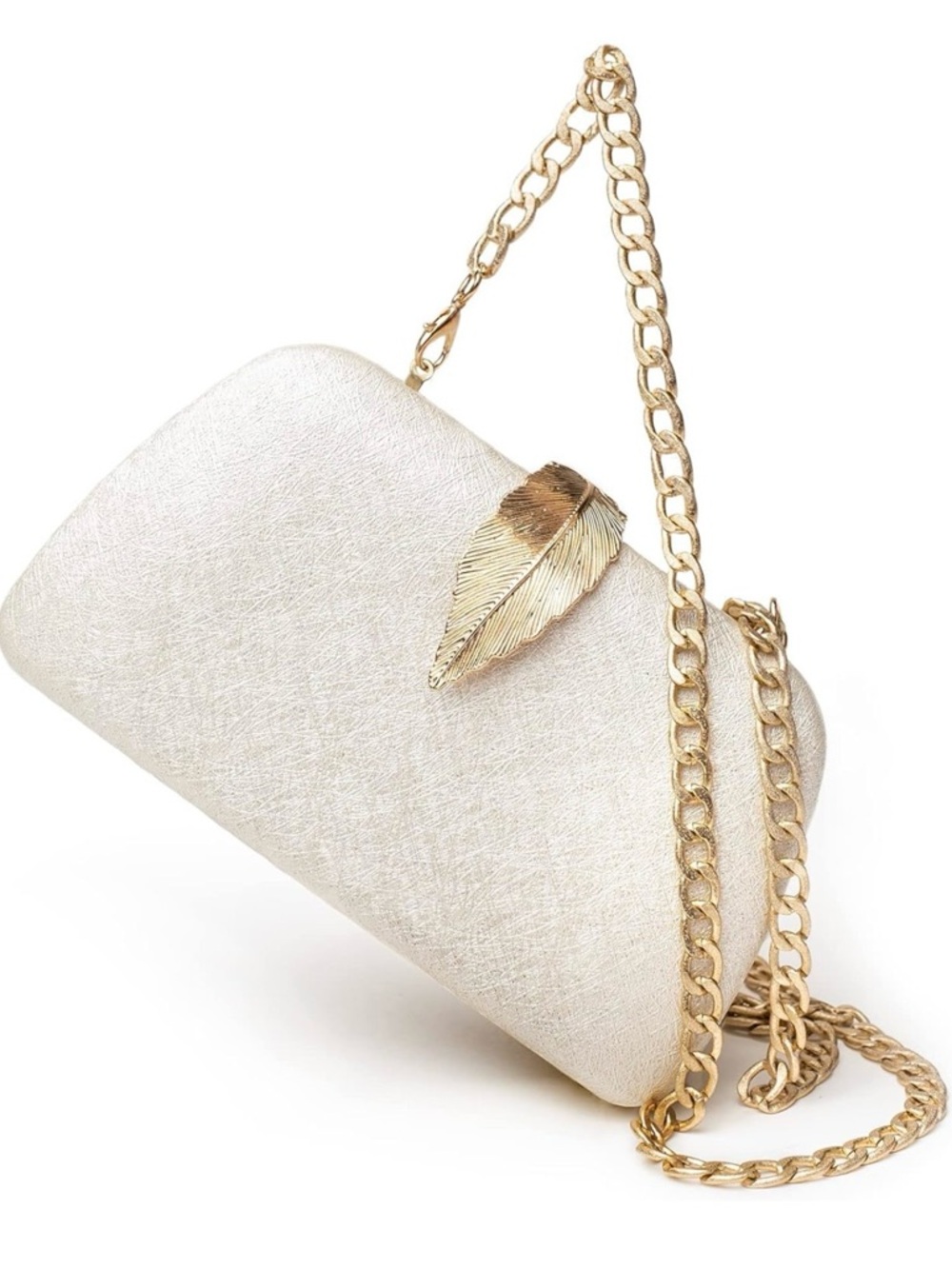 Pearl White Evening Clutch with Gold Leaf Closure and Detachable Chain